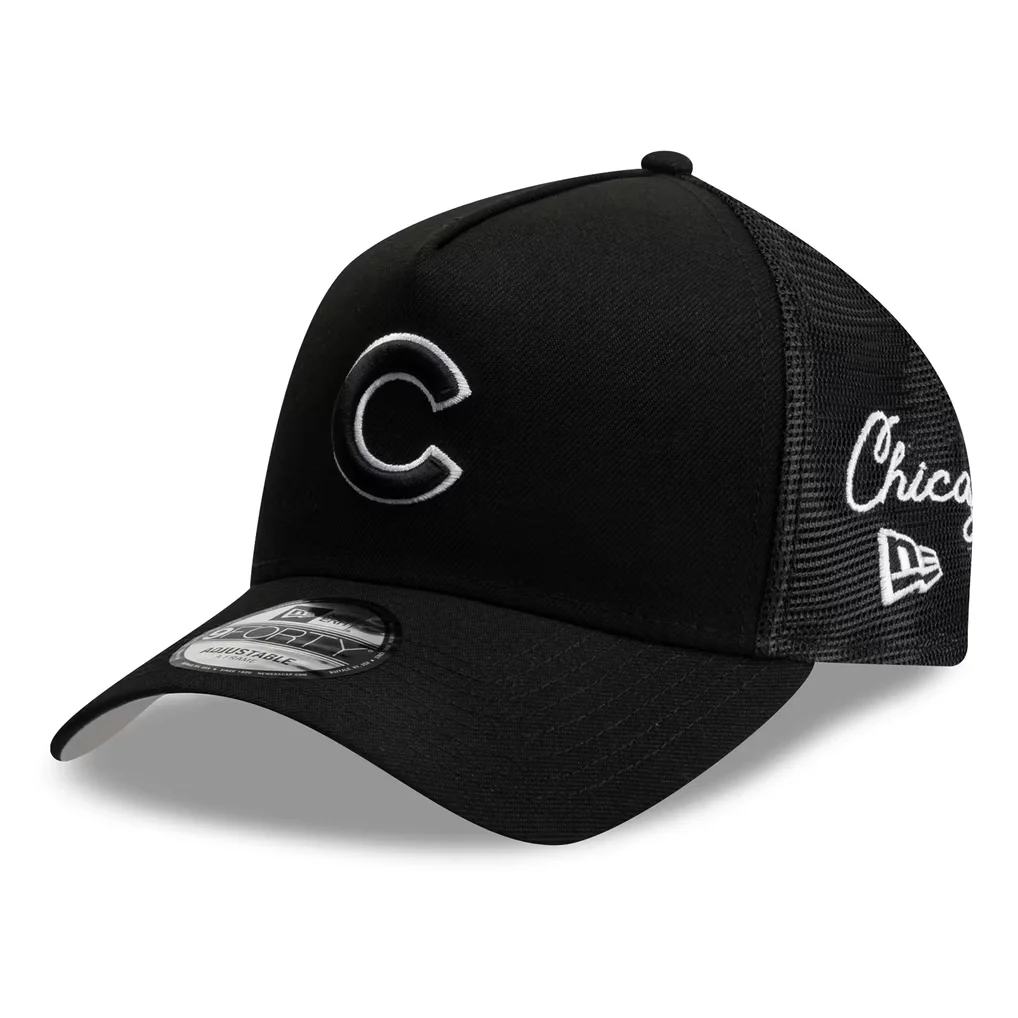 Chicago Cubs New Era Side Script 9FORTY A-Frame Trucker Adjustable Hat - Black – Photo 1 of 4