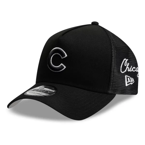 Chicago Cubs New Era Side Script 9FORTY A-Frame Trucker Adjustable Hat - Black