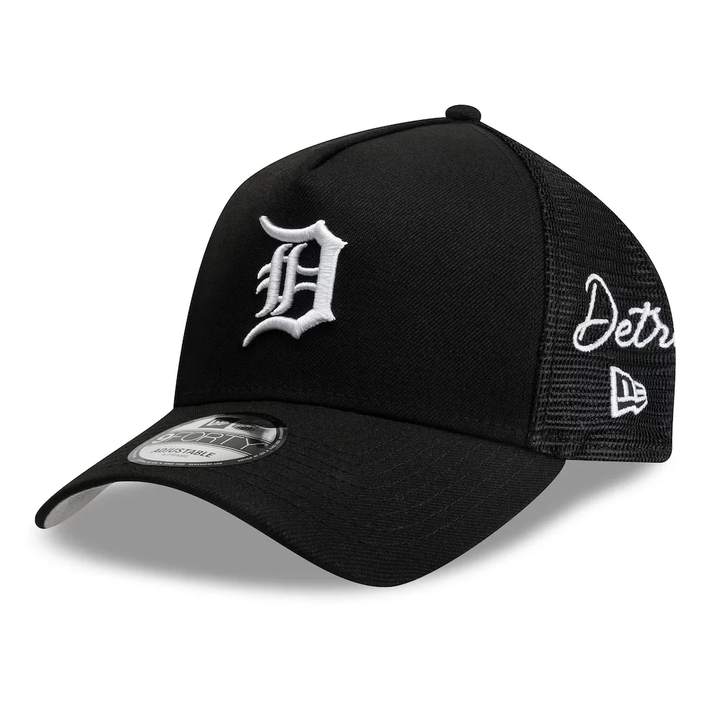 Detroit Tigers New Era Side Script 9FORTY A-Frame Trucker Adjustable Hat - Black – Photo 1 of 5