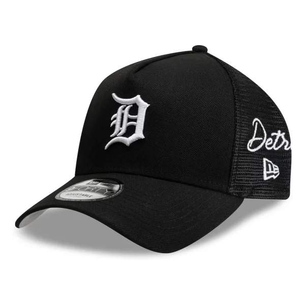 Detroit Tigers New Era Side Script 9FORTY A-Frame Trucker Adjustable Hat - Black